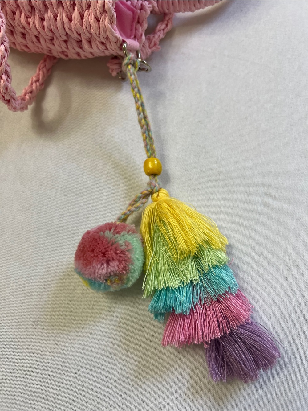 Most Wanted USA Pastel Pink Straw Top Handle Crossbody Boho Bag Tassels PomPom - Picture 12 of 12